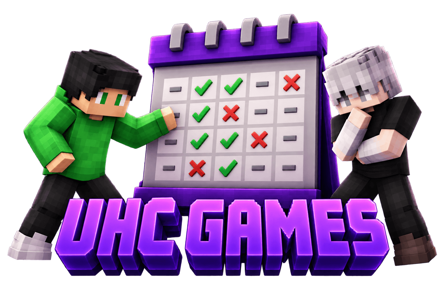 Minecraft players beside a purple calendar above the UHC Games title